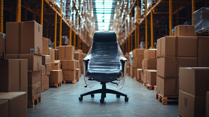 Office chair wrapped for moving surrounded by packed boxes, symbolizing business relocation.
