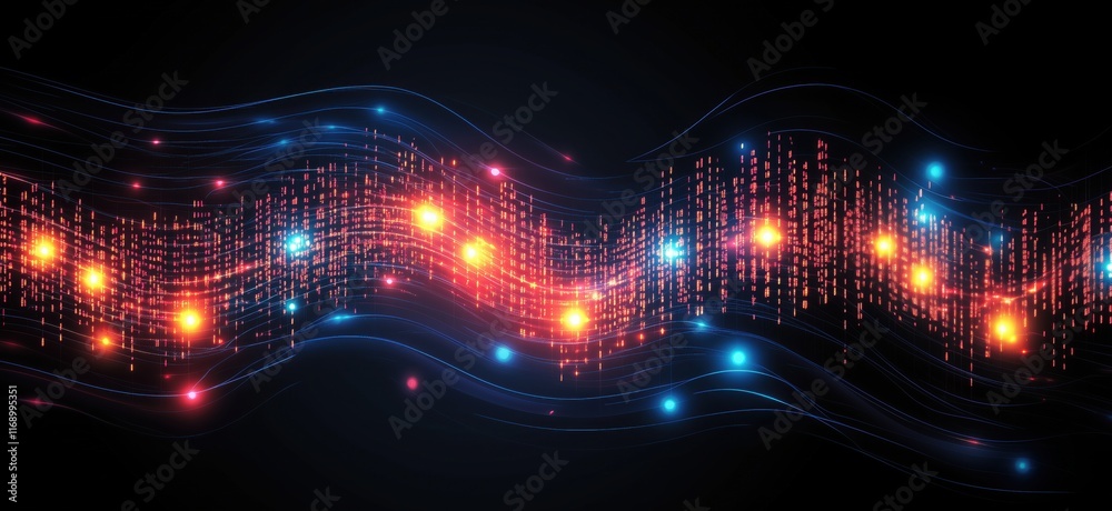 Poster Digital wave pattern with glowing lights and binary code representation, showcasing technology and data flow, copy space for text