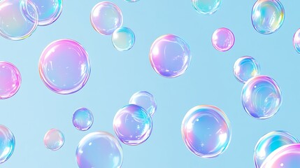 Soft, Seamless Pattern of Floating Bubbles in Iridescent Colors on Plain Light Blue Background for Elegant Design, best image for graphic design background, unique image bubble pattern
