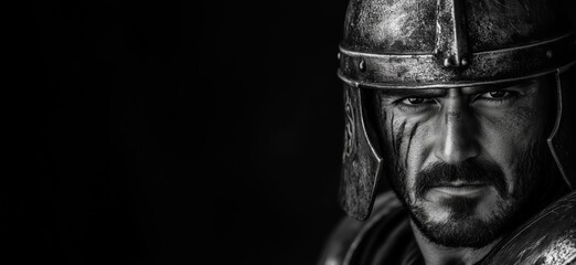 Intense Warrior Portrait in Black and White, Detailed Armor, Fierce Expression, Historical Representation of a Gladiator or Soldier, copy space for text