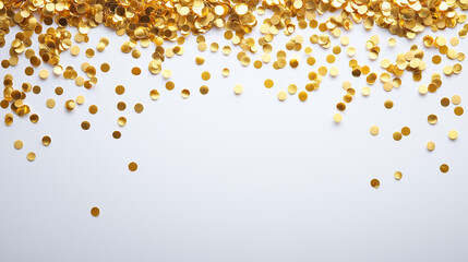 Shiny golden confetti scattered on white background, representing festive celebrations, parties, and glamorous events for vibrant and elegant design elements.