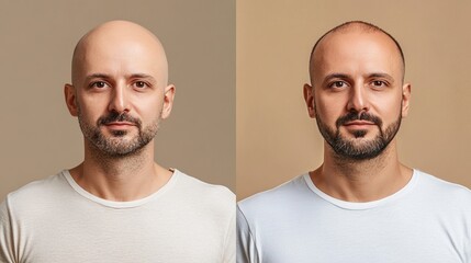 Before and after views of successful hair restoration treatment. Transformation showcasing renewed confidence and improved appearance through advanced medical solutions.