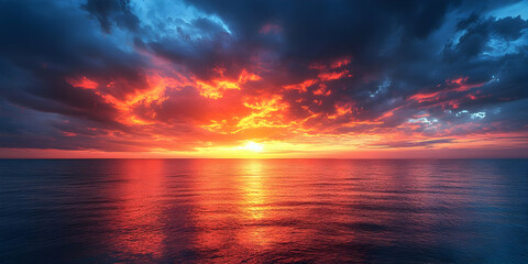 Fototapeta premium Vibrant sunset over calm ocean water.