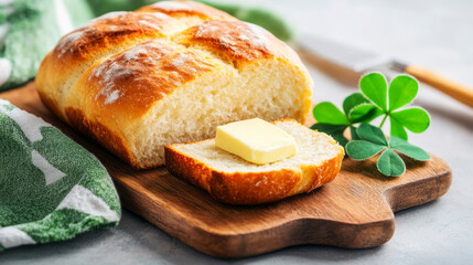 Freshly Baked Bread Slice with Butter on Wooden Cutting Board and Green Cloth