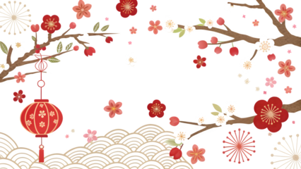 Floral design with lanterns on a black background.