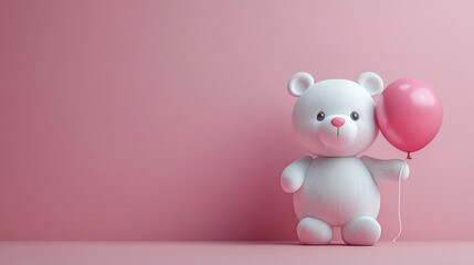 Obraz premium Adorable White Teddy Bear with Pink Balloon Against a Pink Background
