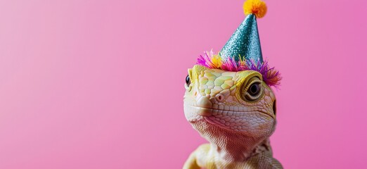 Lizard wearing colorful party hat celebrating birthday with vibrant pink background, showcasing festive spirit and playful personality, copy space for text