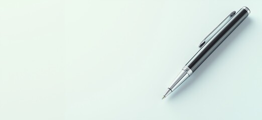 Elegant silver pen on minimalist background, showcasing sleek design and modern aesthetics, perfect for writing and office use, copy space for text