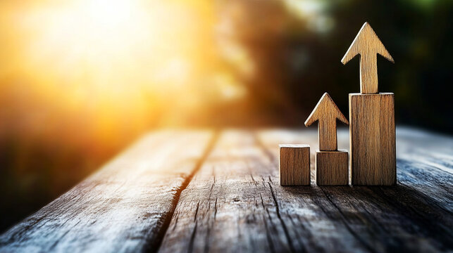 Wooden Blocks with Arrow Symbols Representing Growth and Progress on Rustic Table