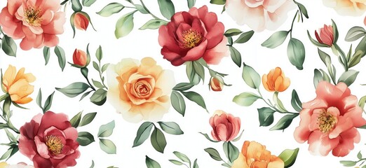Fototapeta premium Floral Pattern with Vibrant Roses and Leaves in Watercolor Style, Featuring Peonies, Tulips, and Budding Flowers on White Background, copy space for text