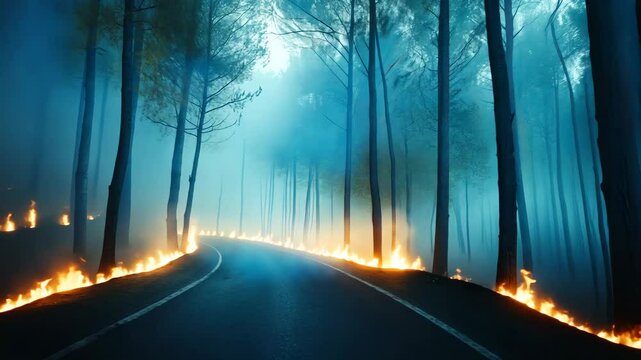 Enigmatic Forest Road: A winding road through a misty forest at night, with flames lining its edges, creates a mysterious and evocative scene. The surreal ambiance invites exploration and wonder.
