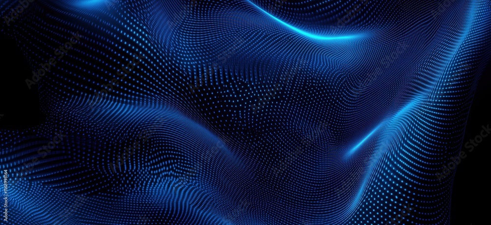 Poster abstract blue wave pattern with glowing dots and smooth curves, representing digital technology and 