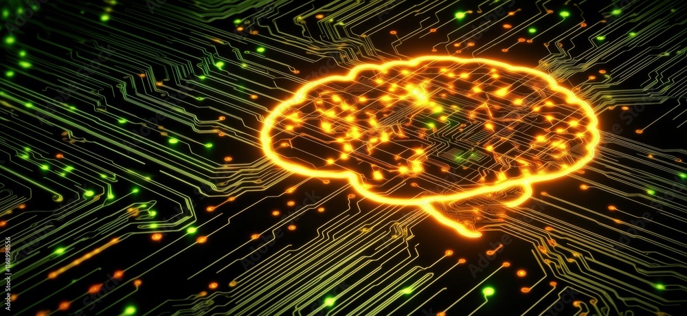 Poster neon brain circuitry design representing artificial intelligence and neural networks with glowing co