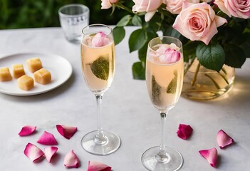 A close-up of a champagne glass with a drink and pink rose petal ice cubes next to flowers on a table