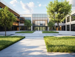 Fototapeta premium Modern educational campus with landscaped courtyard and contemporary buildings under clear blue sky. Generative AI