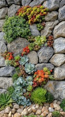 Vertical garden display on a stone wall showcasing vibrant greenery and colorful plants