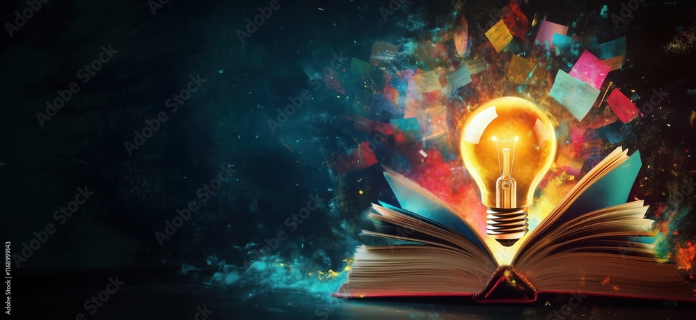 Poster illuminated light bulb emanating from open book with colorful abstract background representing ideas