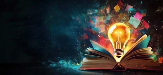 Obraz premium Illuminated Light Bulb Emanating from Open Book with Colorful Abstract Background Representing Ideas and Creativity, copy space for text