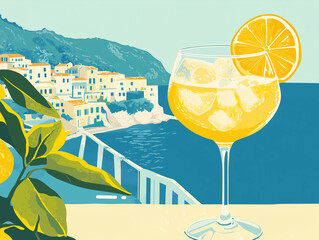 Sip of summer: a Limoncello Spritz cocktail with a lemon slice and ice cubes in a glass on the table, set against a background of an Italian coastal landscape with charming houses and lush greenery.