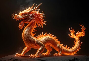 Fototapeta premium Majestic Golden Dragon Statue on Dark Background. Generative AI