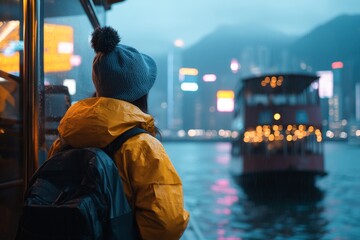 Obraz premium A person boarding a ferry at dusk, their journey leading them toward a glowing city skyline