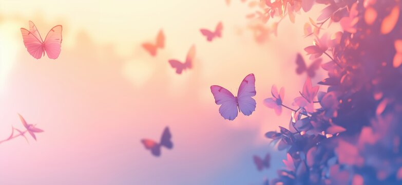 Colorful butterflies fluttering in soft pastel background, creating a serene and dreamy atmosphere with gentle light and blurred foliage, copy space for text