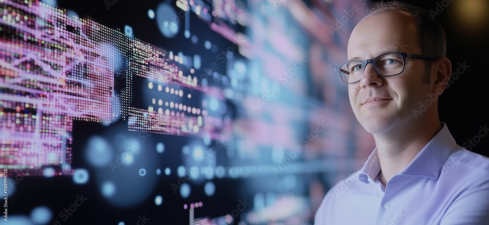 Poster data scientist analyzing digital data visualization with advanced technology, showcasing insights an