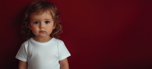 Child portrait with curly hair against red background, showcasing innocence and curiosity, wearing plain white t-shirt, captivating gaze, copy space for text