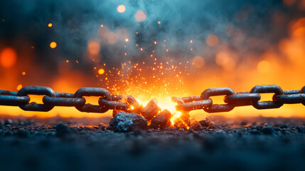 Breaking Chains with Sparks and Flames in a Dramatic Background of Fire and Smoke Effects