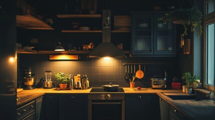 Cozy and inviting kitchen illuminated by soft light creating a warm culinary atmosphere during the evening hours
