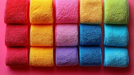 Colorful rolled fluffy fabric swatches arranged in rows on pink background.