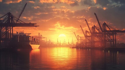 Obraz premium Sunset over the harbor with silhouettes of cranes and ships reflecting on tranquil waters