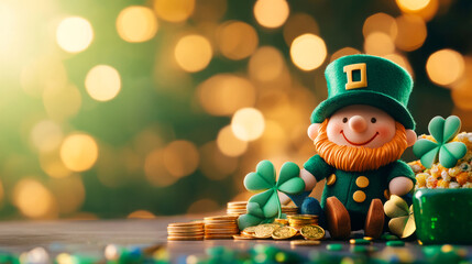 Obraz premium Cheerful Leprechaun Figurine Surrounded by Gold Coins and Shamrocks in Festive Setting