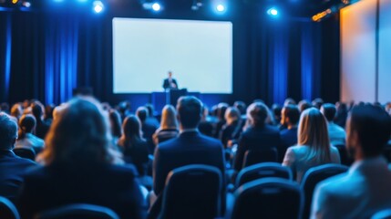 Engaging conference gathering with a speaker on stage in a well-lit auditorium filled with attentive audience members