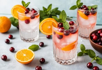 A table set with glasses of hard seltzer, slices of orange, and sprigs of mint. A bottle of cranberry juice is also on the table.