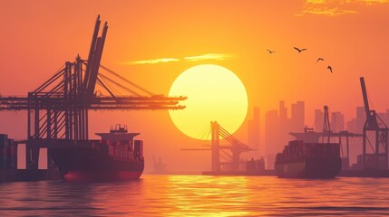 Obraz premium Golden sunset casts a serene glow over bustling harbor filled with ships and silhouettes of cranes