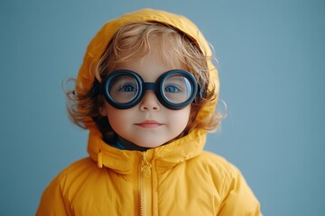 Child wearing yellow raincoat and large round glasses in urban environment on a rainy day