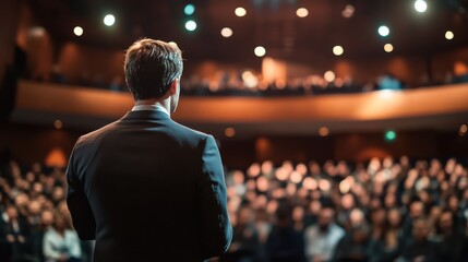 Engaging speaker captivates audience during evening conference in a grand auditorium filled with enthusiastic attendees