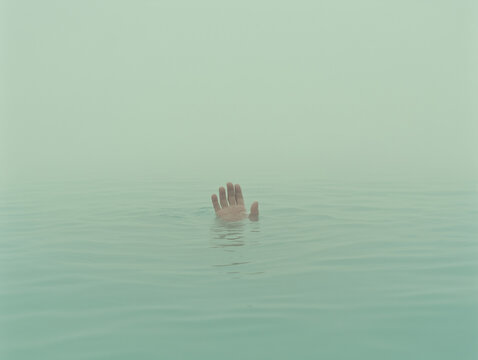 japen style, close-up of a man hand and arm floating above water with ripples around it. The scene has soft tones, calm waters, and a peaceful, zen aesthetic, with coast in the background