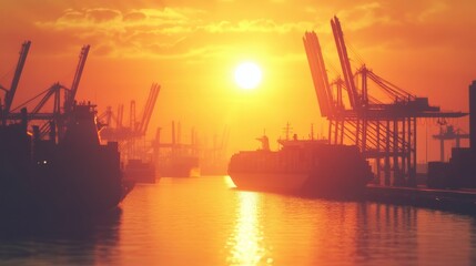 Fototapeta premium Sunset over the bustling harbor highlights silhouettes of cargo ships and cranes against a vibrant orange sky
