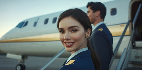Captivating moment of two pilots enjoying their break beside a private jet on a clear day, showcasing confidence and professionalism