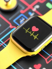 A smart watch displaying heart rate against a modern background.