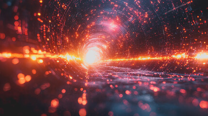 Obraz premium Illuminated Tunnel with Radiant Lights Creating a Dynamic Perspective Leading to Unknown Depths Evoking a Sense of Adventure Mystery and Exploration in an Urban Environment
