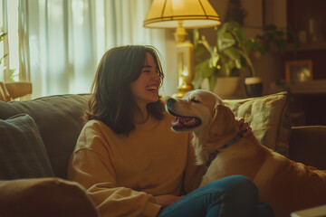 A woman sitting on a sofa with a dog surrounded by a cozy family atmosphere