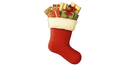 Festive christmas sock filled with a gift box, holiday decoration and celebration