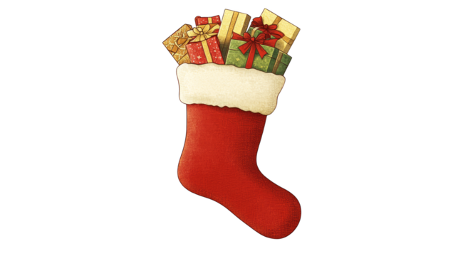 Festive christmas sock filled with a gift box, holiday decoration and celebration