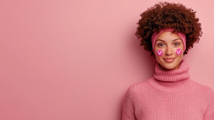 World Cancer Day concept. Smiling woman in pink sweater with heart face paint against pink background.