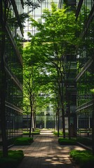 business office building with clear glass facade surrounded by tall green trees and walkways