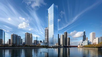 Fototapeta premium skyscraper with modern glass exterior reflecting city skyline and blue sky
