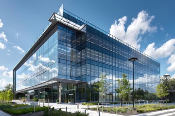 Obraz premium sleek office tower with polished glass panels reflecting sunlight on bright afternoon